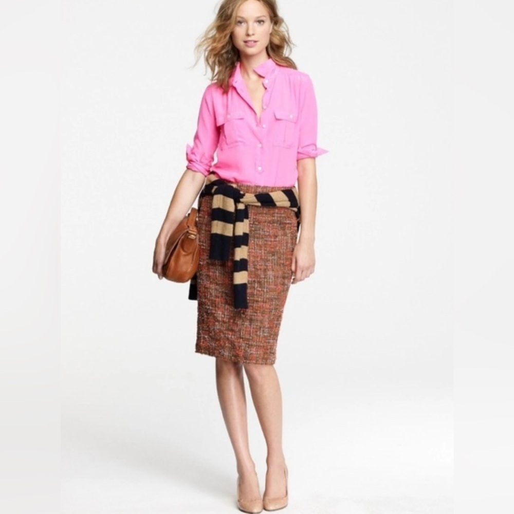 J.Crew Pencil Skirt Boucle Tweed Multicolor Orange Brown Lined Knee Length 14